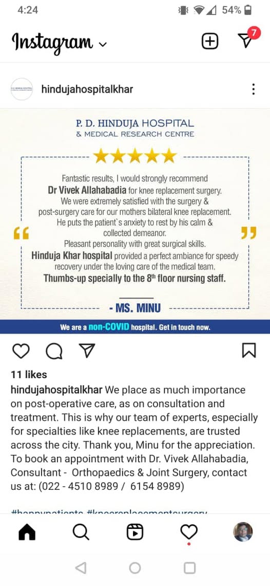 Patient in recovery following knee replacement surgery by Dr. Vivek Allahbadia at Hinduja Healthcare Surgical, Khar